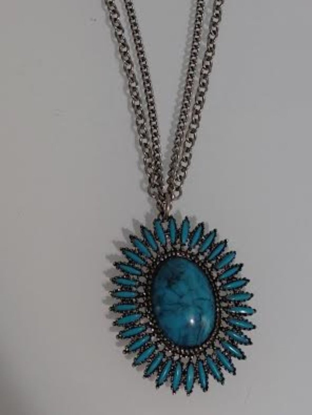 Turquoise Statement Pendant Necklace –Silver-Tone Double Chain Southwestern Boho